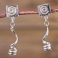 Sterling silver dangle earrings, 'Andean Doodle' - Artisan Crafted 925 Silver Modern Hook Earrings