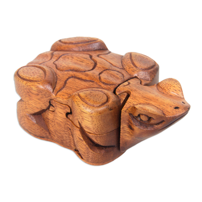 Wood puzzle box, 'Balinese Frog' - Frog Theme Puzzle Box