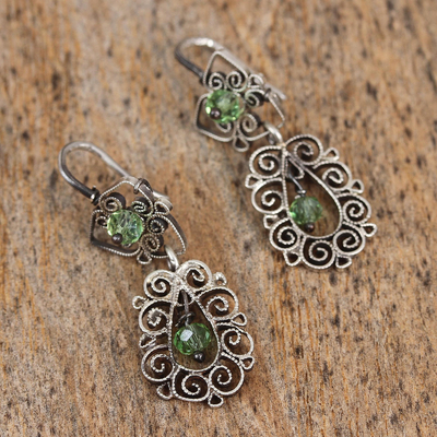 Sterling silver dangle earrings, 'Spirals in the Dew' - Green Glass Bead Sterling Silver Scrolls Dangle Earrings