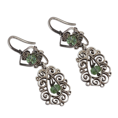 Sterling silver dangle earrings, 'Spirals in the Dew' - Green Glass Bead Sterling Silver Scrolls Dangle Earrings