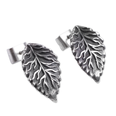 Sterling silver button earrings, 'Everlasting Leaves' - Leaf-shaped Sterling Silver Button Earrings from Peru