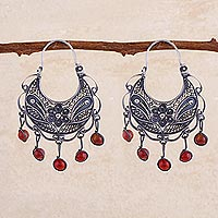 Carnelian filigree earrings, 'Dancing' - Unique Floral Fine Silver Filigree Earrings with Carnelians