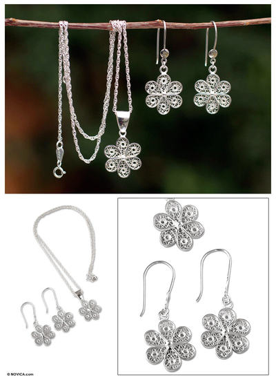 Sterling silver filigree jewelry set, 'Andean Wildflower' - Unique Filigree Earrings and Necklace Jewelry Set