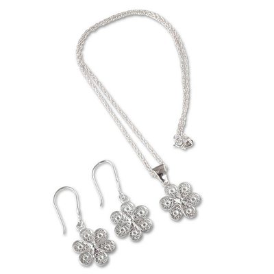 Sterling silver filigree jewelry set, 'Andean Wildflower' - Unique Filigree Earrings and Necklace Jewelry Set