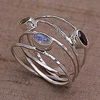 Multi-gemstone ring, 'Brilliant Majesty' - Unique Multigemstone Sterling Silver Ring from Bali