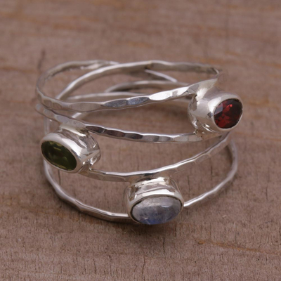 Multi-gemstone ring, 'Brilliant Majesty' - Unique Multigemstone Sterling Silver Ring from Bali