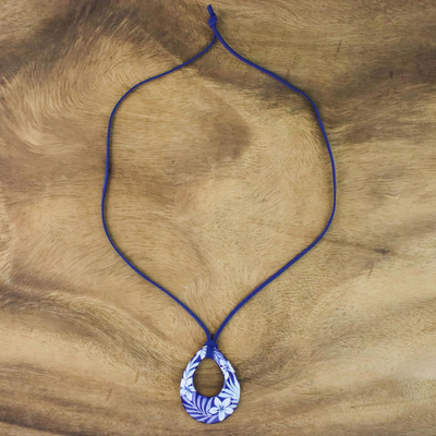 Ceramic pendant necklace, 'Flying Flowers' - Ceramic Blue Floral Pendant Necklace