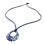 Ceramic pendant necklace, 'Flying Flowers' - Ceramic Blue Floral Pendant Necklace