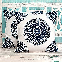 Cotton cushion covers, 'Sapphire Blue Mandalas' (pair) - Indian Embroidered Dark Blue on White Cushion Covers (Pair)
