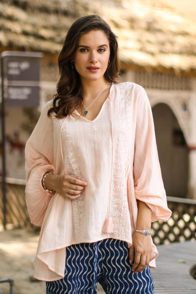 Cotton blend tunic, 'Peach Glory' - Embroidered Cotton Blend Tunic in Peach from India