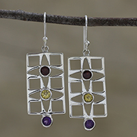 Multi-gemstone dangle earrings, 'Intriguing Frames' - Rectangular Multi-Gemstone Dangle Earrings from India