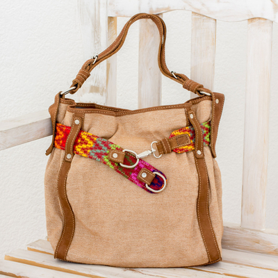 Leather accent cotton tote, 'Ixcaco Colors' - Leather Accent Cotton Tote Handwoven in Guatemala