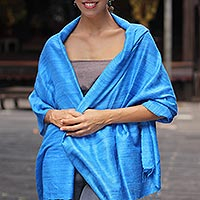 Silk shawl, 'Blue Treasure' - Handcrafted Silk Shawl