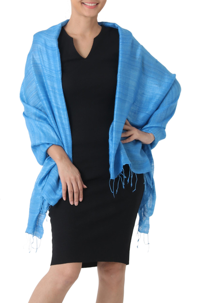 Silk shawl, 'Blue Treasure' - Handcrafted Silk Shawl