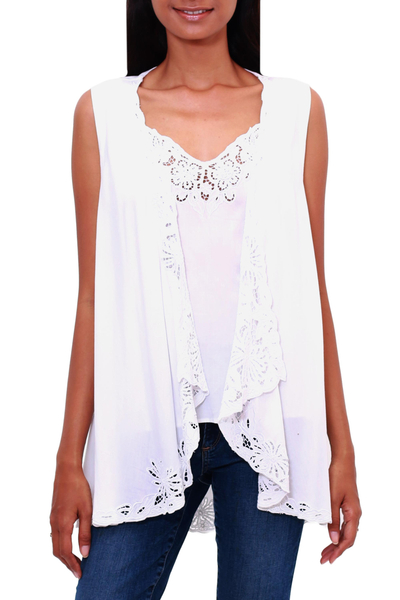 Rayon vest, 'Garden's Glory in White' - Floral Embroidered Rayon Vest in White from Bali