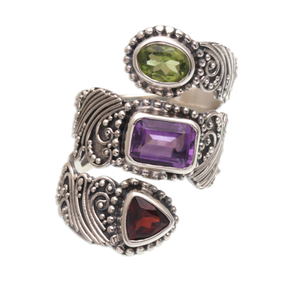 Multi-gemstone wrap ring, 'Elegant Trinity' - Multi-Gemstone and Sterling Silver Wrap Ring from Bali