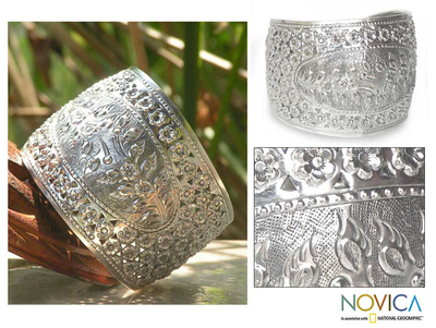 Sterling silver cuff bracelet, 'Gardener's Bliss' - Unique Floral Sterling Silver Cuff Bracelet