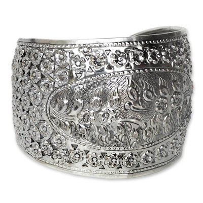 Sterling silver cuff bracelet, 'Gardener's Bliss' - Unique Floral Sterling Silver Cuff Bracelet