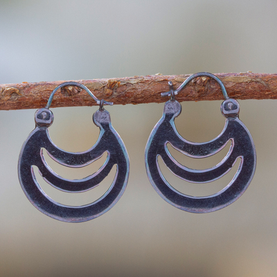 Sterling silver hoop earrings, 'Crescent Shadows' - Crescent-Shaped Sterling Silver Hoop Earrings from Mexico