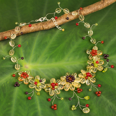 Multi-gemstone waterfall necklace, 'Yellow Zinnias' - Colorful Thai Floral Necklace Handcrafted with Gemstones