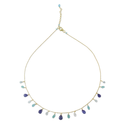 Gold plated multi-gemstone pendant necklace, 'Peaceful Earth' - 18k Gold Plated Multi-Gemstone Pendant Necklace in Blue