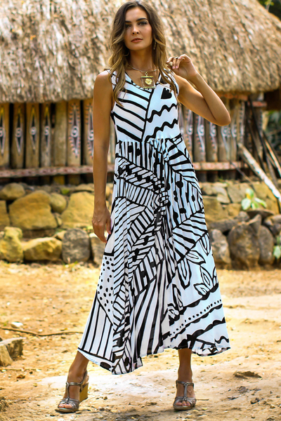 Kleid in A-Linie aus Rayon - A-Linien-Kleid aus Onyx und Eierschalen-Rayon aus Bali