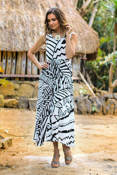 Kleid in A-Linie aus Rayon - A-Linien-Kleid aus Onyx und Eierschalen-Rayon aus Bali