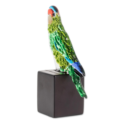 Art glass sculpture, 'Orange-Fronted Parakeet' - Art Glass Parakeet Sculpture from El Salvador