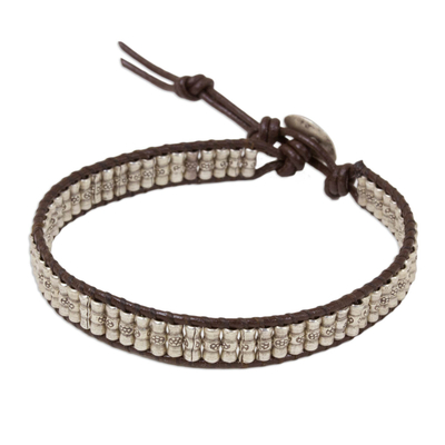 Silver and leather beaded cord bracelet, 'Karen Folk' - Hand Crafted Engraved Silver Bead and Leather Bracelet