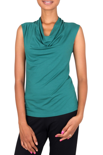 Modal top, 'Aster in Green' - Green Sleeveless Modal Top with Cowl Neck for Women