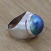 Cultured pearl solitaire ring, 'Blue Moon' - Sterling Silver and Cultured Pearl Domed Ring