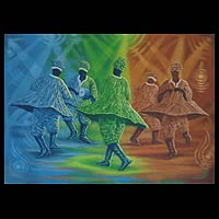 „Damba Dance at the Studio“ – Stammestanz-Acryl-auf-Leinwand-Gemälde aus Afrika