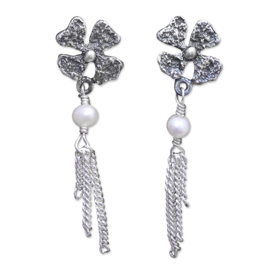 Pearl flower earrings, 'Floral Night' - Floral Sterling Silver Pearl Earrings from Mexico