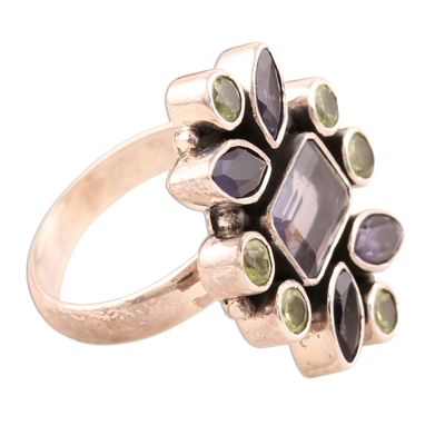 Iolite and peridot cocktail ring, 'Blue Forest' - Unique Sterling Silver and Iolite Ring