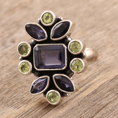 Iolite and peridot cocktail ring, 'Blue Forest' - Unique Sterling Silver and Iolite Ring