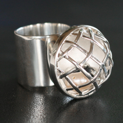 Cultured pearl cocktail ring, 'Sugar and Spice' - Handmade Modern Sterling Silver and Pearl Cocktail Ring
