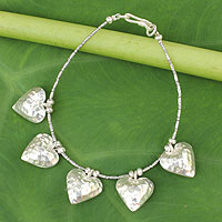 Silver heart bracelet, 'Family of Five' - Heart Shaped 950g Silver Charm Bracelet
