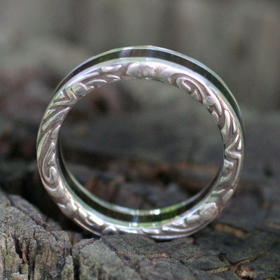 Mens sterling silver band ring, Forest