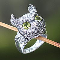 Peridot cocktail ring, 'Mysterious Owl' - Hand Crafted Sterling Silver and Peridot Cocktail Ring