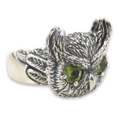 Peridot cocktail ring, 'Mysterious Owl' - Hand Crafted Sterling Silver and Peridot Cocktail Ring