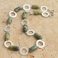 Serpentine link necklace, 'Olive' - Fine Silver and Serpentine Necklace