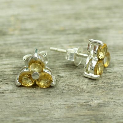 Citrine stud earrings, 'Chennai Stars' - Hand Made Sterling Silver and Citrine Stud Earrings