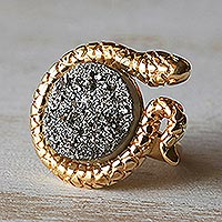 Brazilian drusy agate cocktail ring, 'Golden Serpent' - Gold Plated Drusy Cocktail Ring