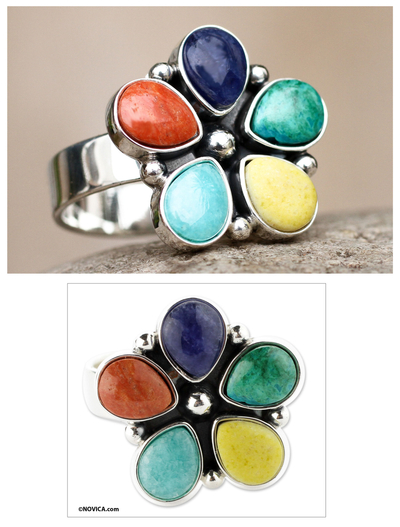 Gemstone flower ring, 'Andean Bloom' - Artisan Crafted Multi-gem Sterling Silver Ring