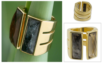 Gold plated labradorite and smoky quartz wrap ring, 'Love Always' - Brazilian Gold Plated Labradorite and Quartz Wrap Ring
