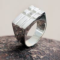 Silver men's ring, 'Vanguard' - Modern Men's 950 Silver Signet Ring with Cubic Zirconia