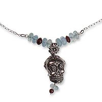 Garnet and quartz flower necklace, 'Cempazuchitl Skull' - Day of the Dead Silver Necklace with Garnet and Quartz