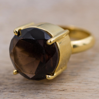 Gold plated smoky quartz single stone ring, 'Smoky Gold' - Gold Plated Smoky Quartz Single Stone Ring from Peru