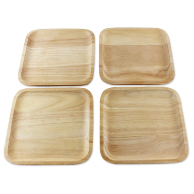 Holzteller, (4er-Set) – 4 handwerklich gefertigte quadratische Teller aus Holz, handgeschnitzt in Thailand