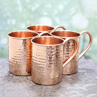 Copper mugs, 'Campfire Camaraderie' (set of 4) - Set of Four Hand Crafted Copper Handled Mugs from India
